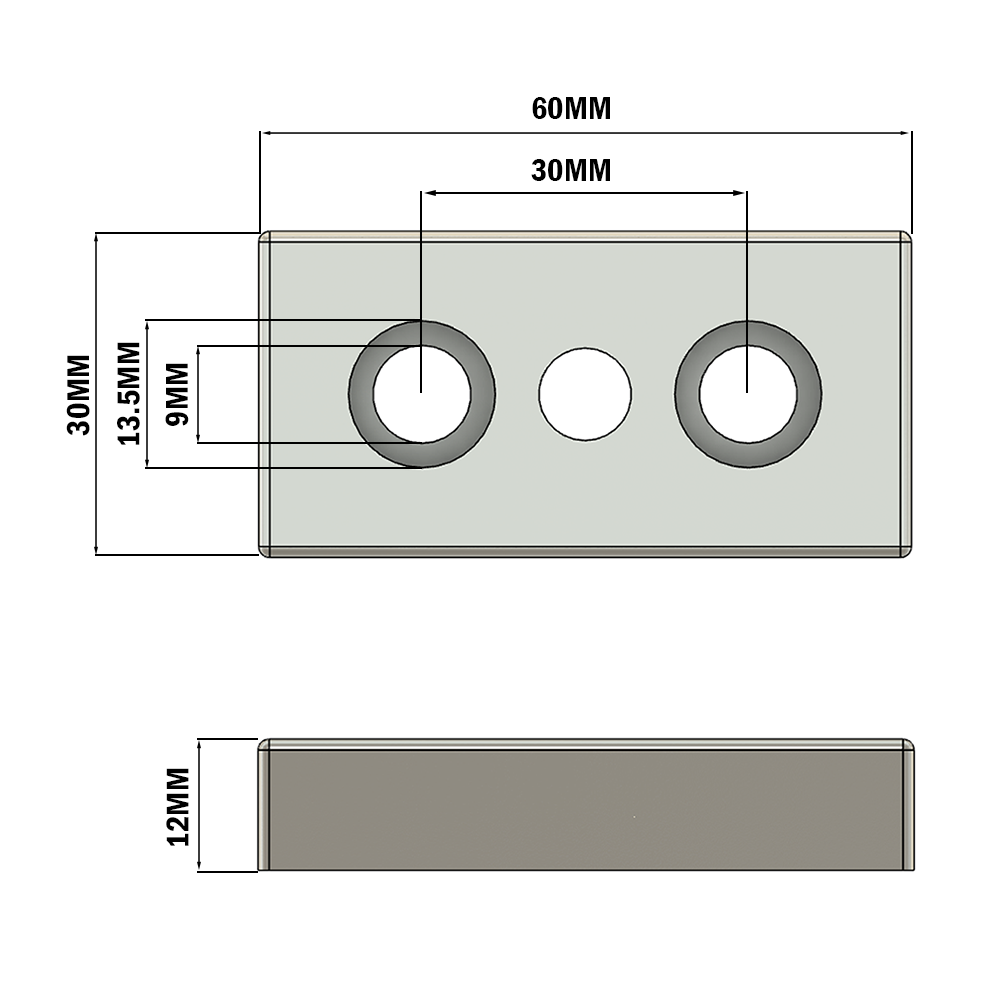 32-3060M10S-3 FOOT & CASTER CONNECTING PLATE<BR>30MM X 60MM, M10 HOLE, SOLID ALUMINUM W/HARDWARE